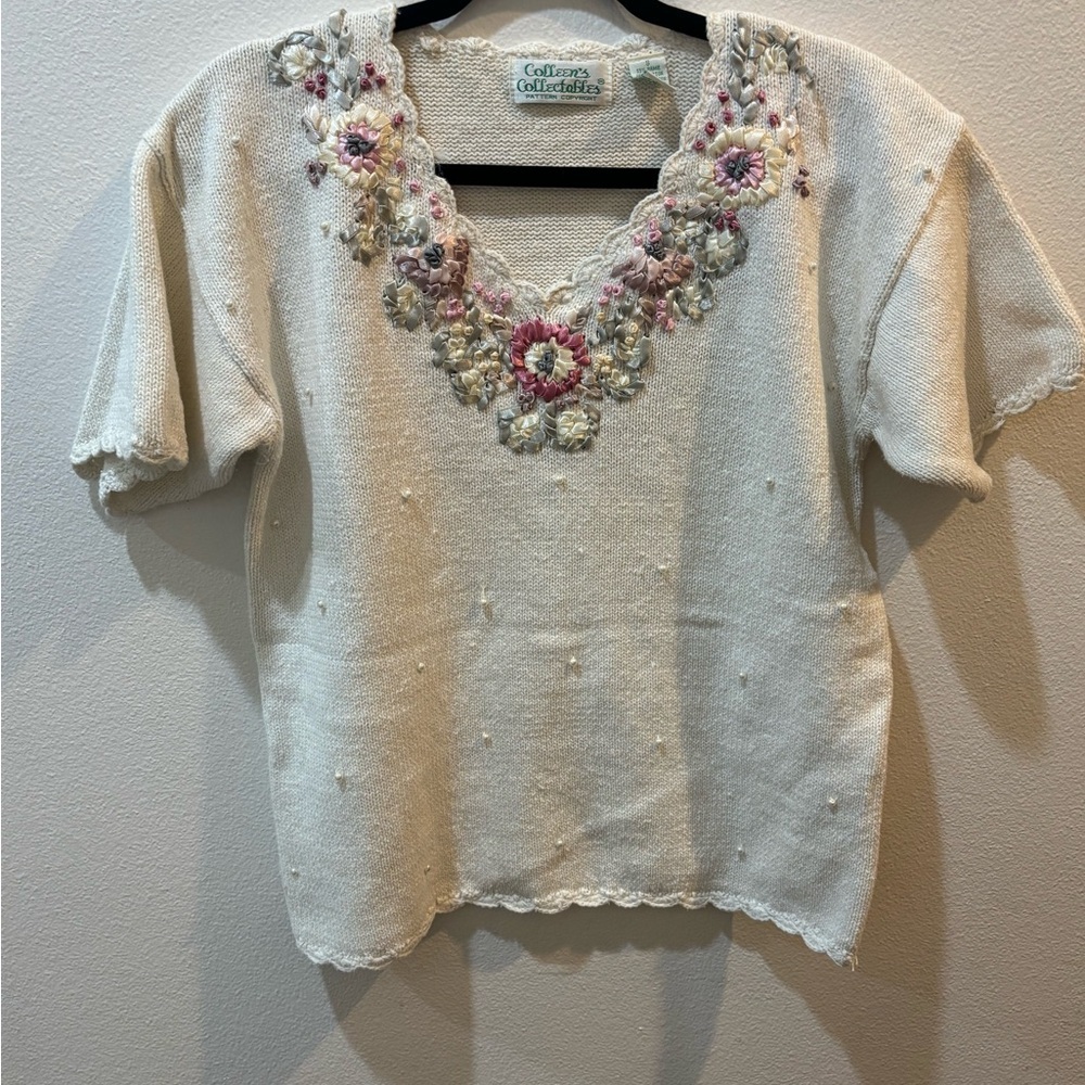Vintage Colleen’s Collectables Ribbon Embroidered Knit Pearl Accent Ramie Cotton